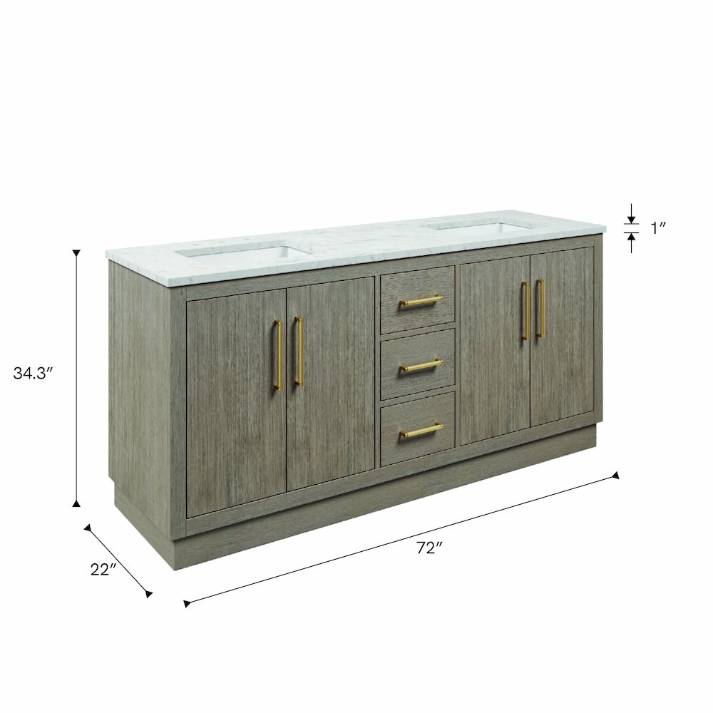 Hugo 72 In. Double Sink Carrara White Marble Countertop Bath Vanity in Grey Oak
