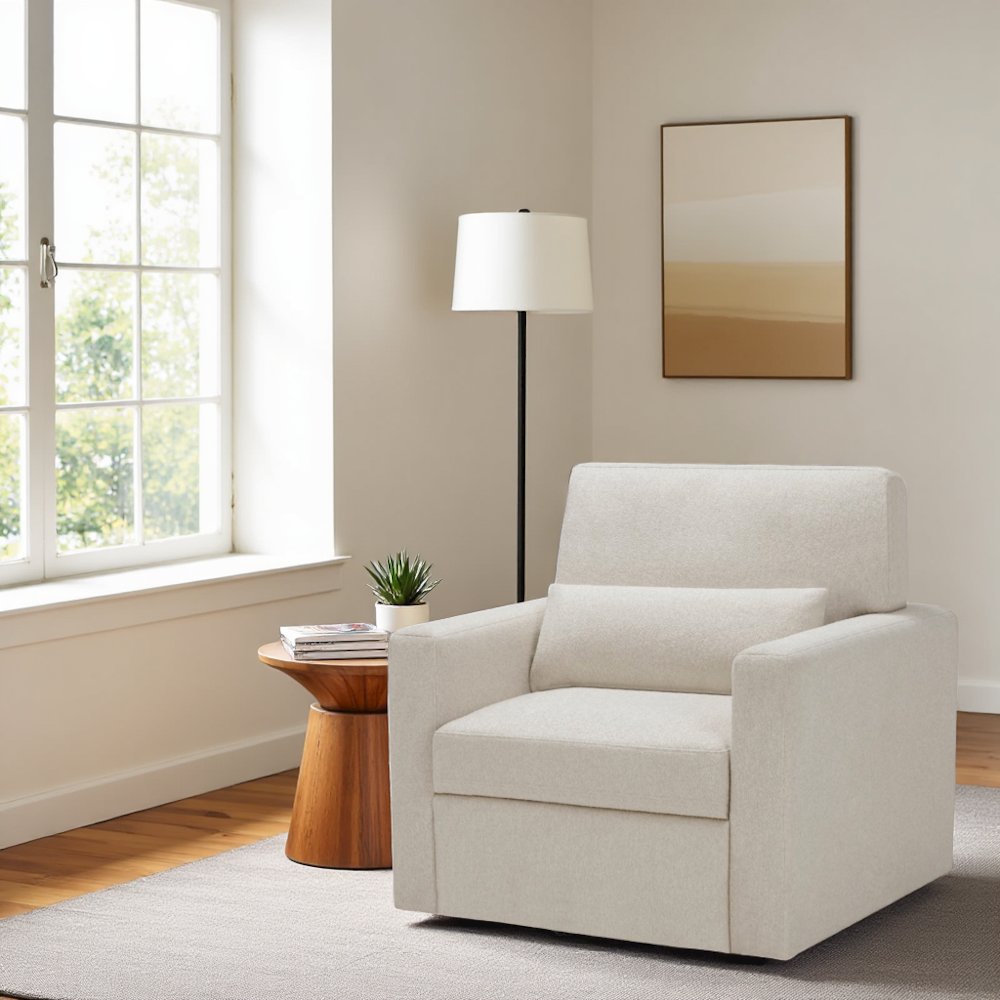 Modern Swivel 35-Inch Chair in Beige Boucle – Unique Chair for Bedroom Use