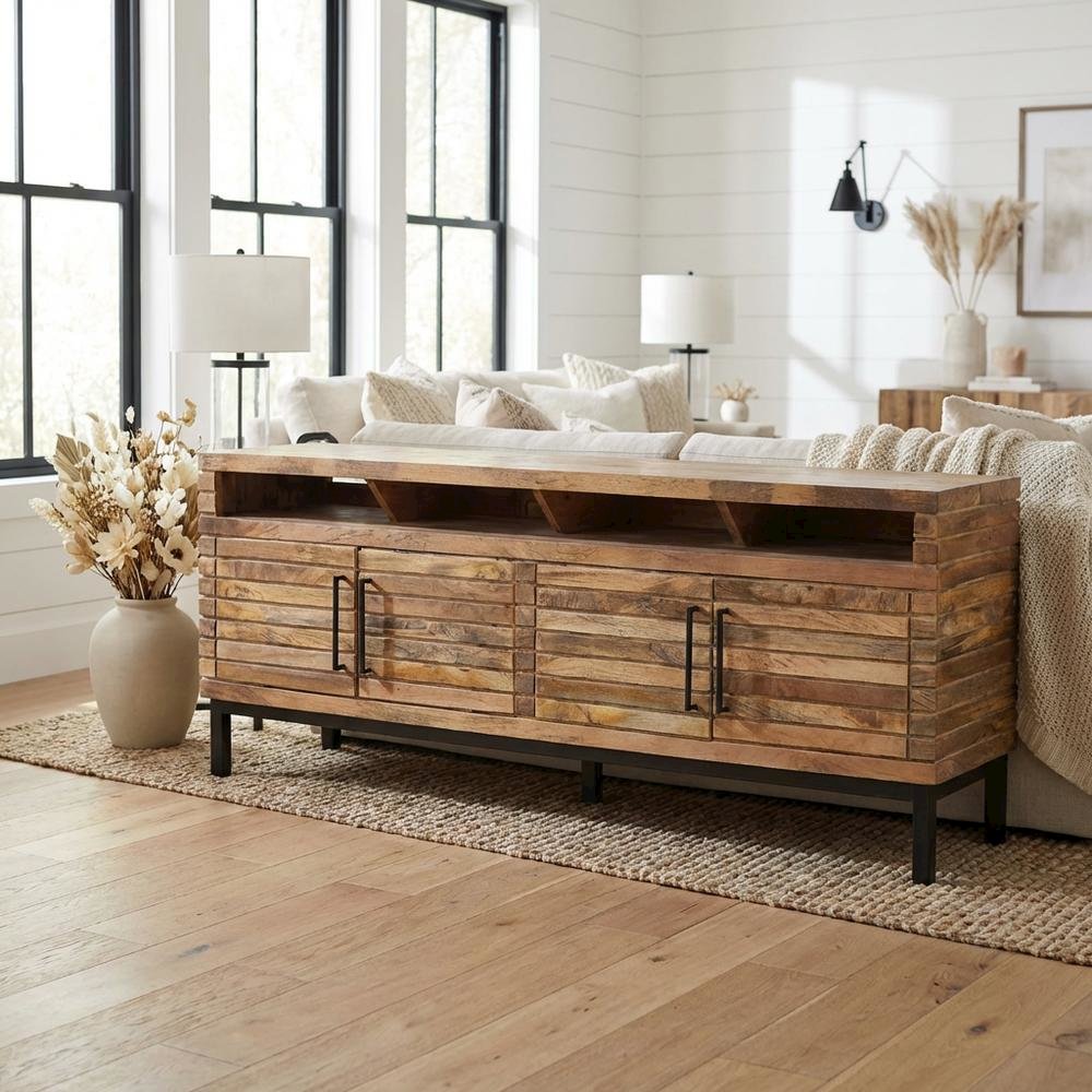Gold Mango Wood Console, Transitional Style, Up to 98-Inch TV Compatibility