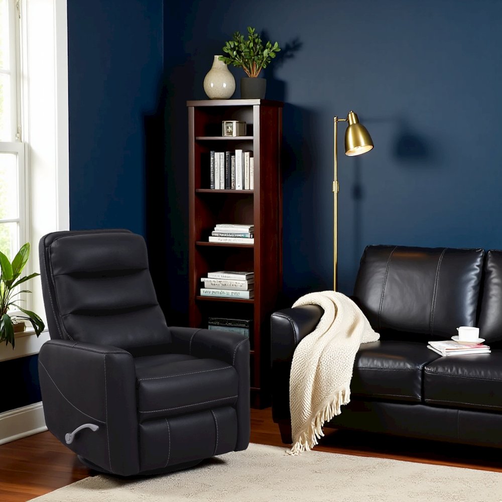 Black Swivel Recliner Chair with Glider Base and Soft Fabric Comfort