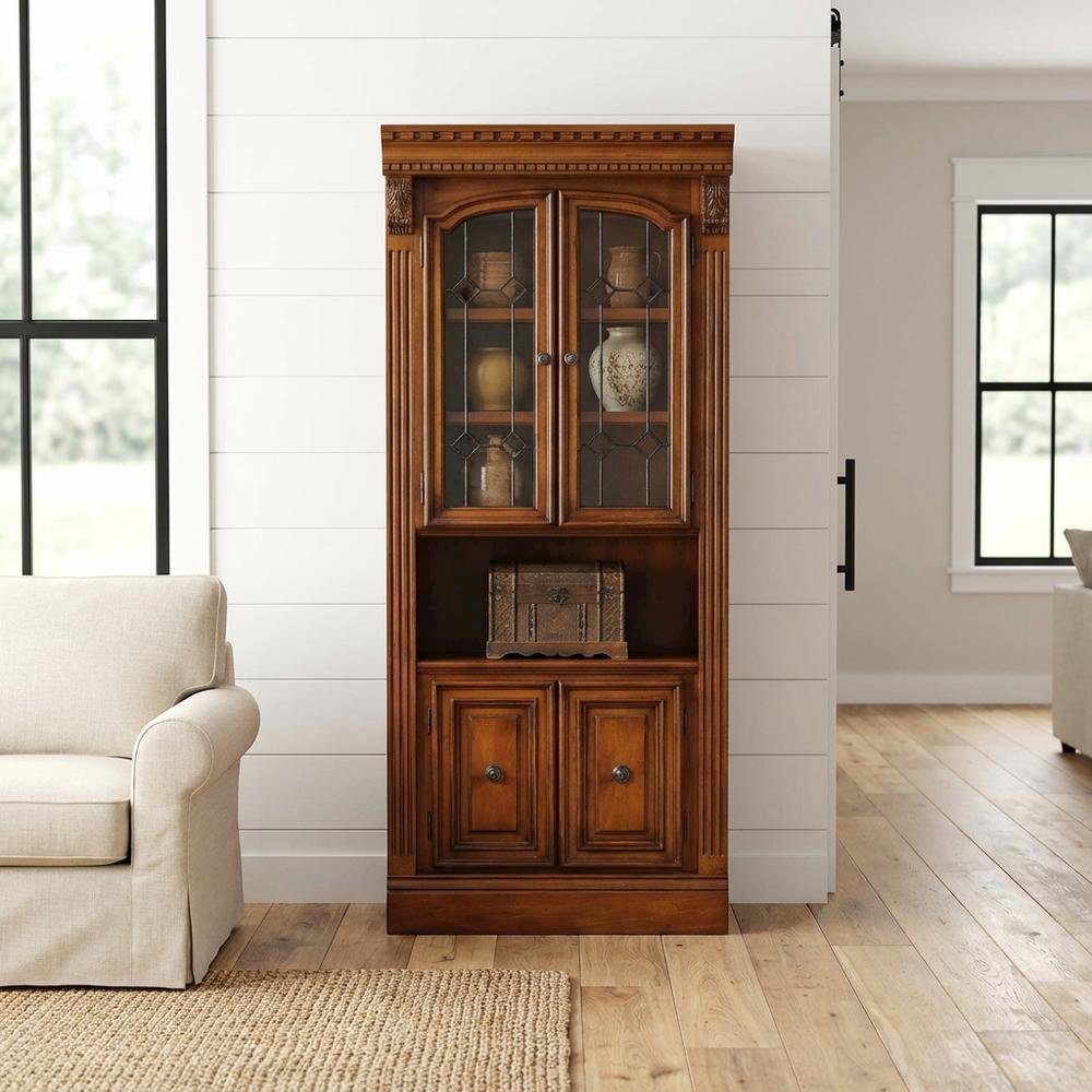 Brown 32 Inch Glass Door Cabinet with Traditional English Library Style