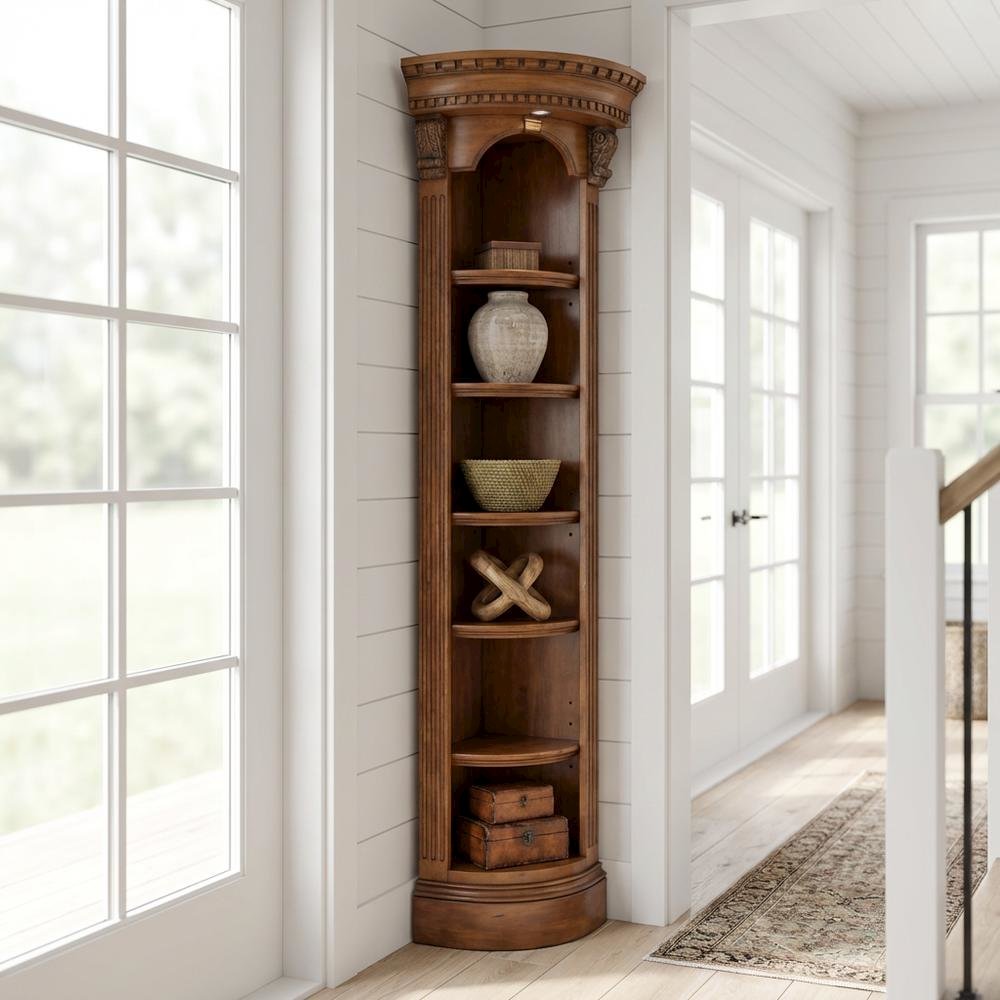 Traditional English Library Corner Bookcase in Warm Brown Finish, Easy Assembly