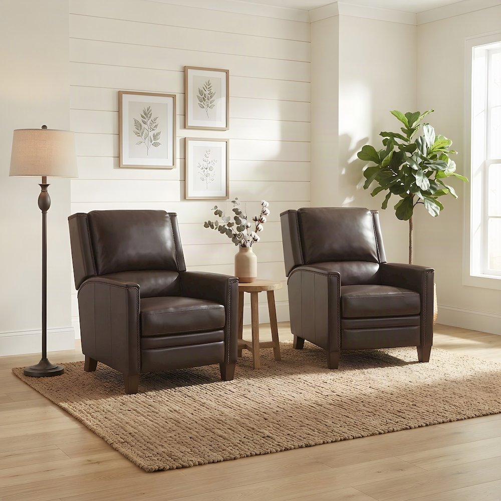 Top Grain Leather Manual Recliner Chairs, Lay-Flat, Set of 2, Brown