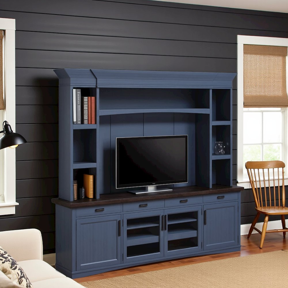 Blue Entertainment Center with Storage and Bookshelves