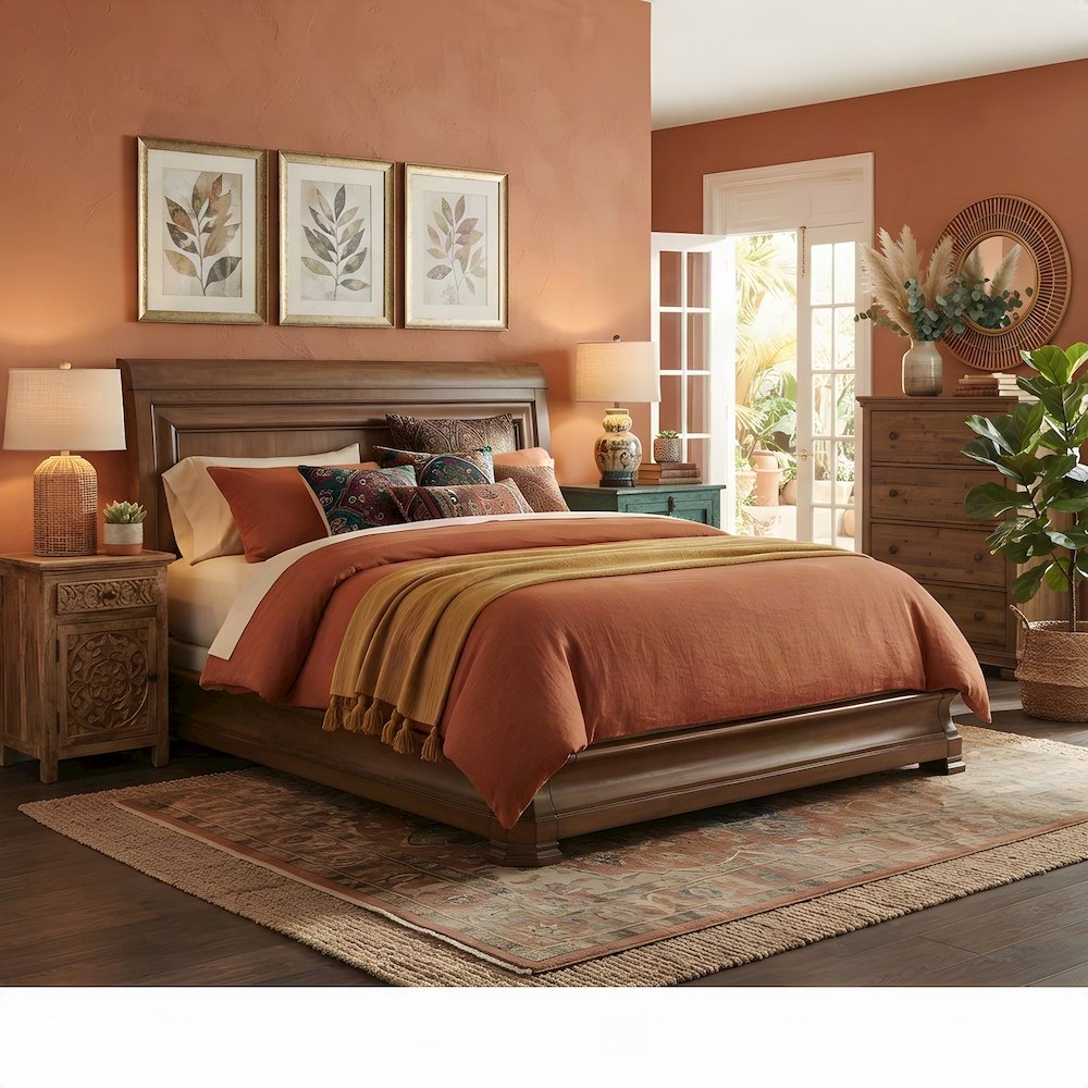 Alder Solids Sleigh Bed Queen Frame with Headboard, Distressed Finish, Cognac