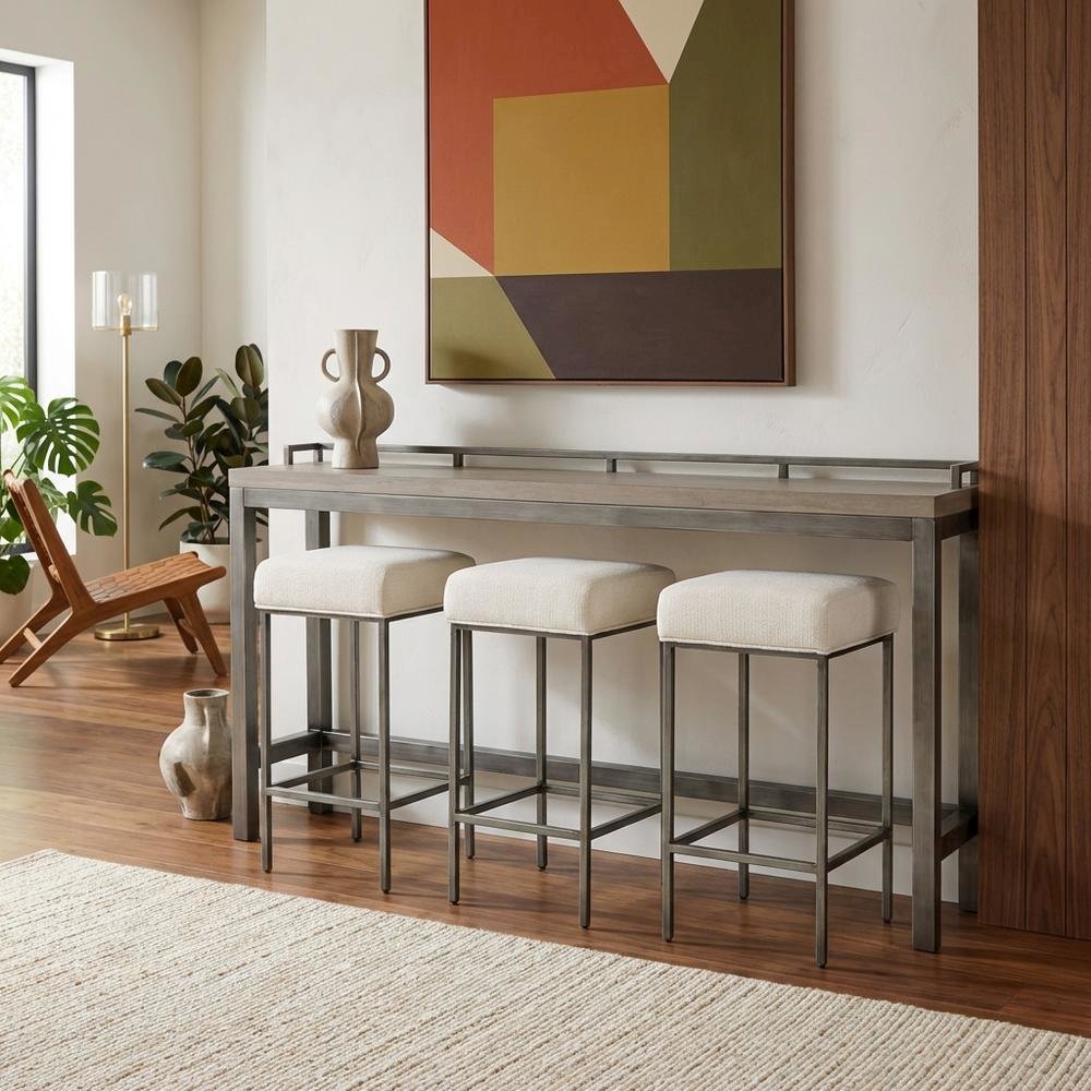 Gray Console Table with 3 Stools and Metal Frame for Living Room Use