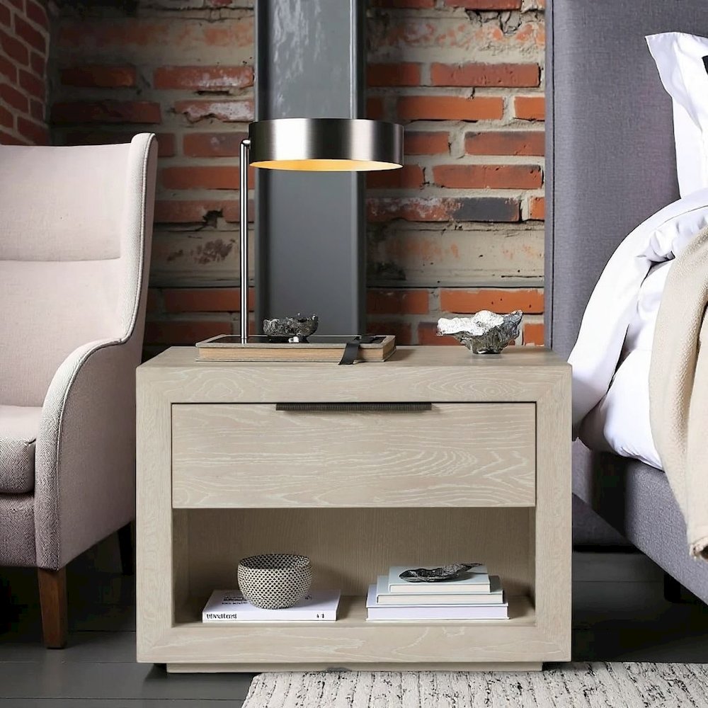 Gray Modern Nightstand with Drawer and Open Shelf Bedside Table