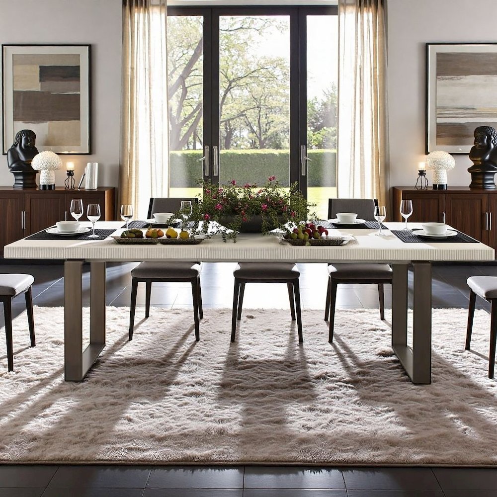 Gray Extendable Dining Table with Wood Top and Bronze Metal Base