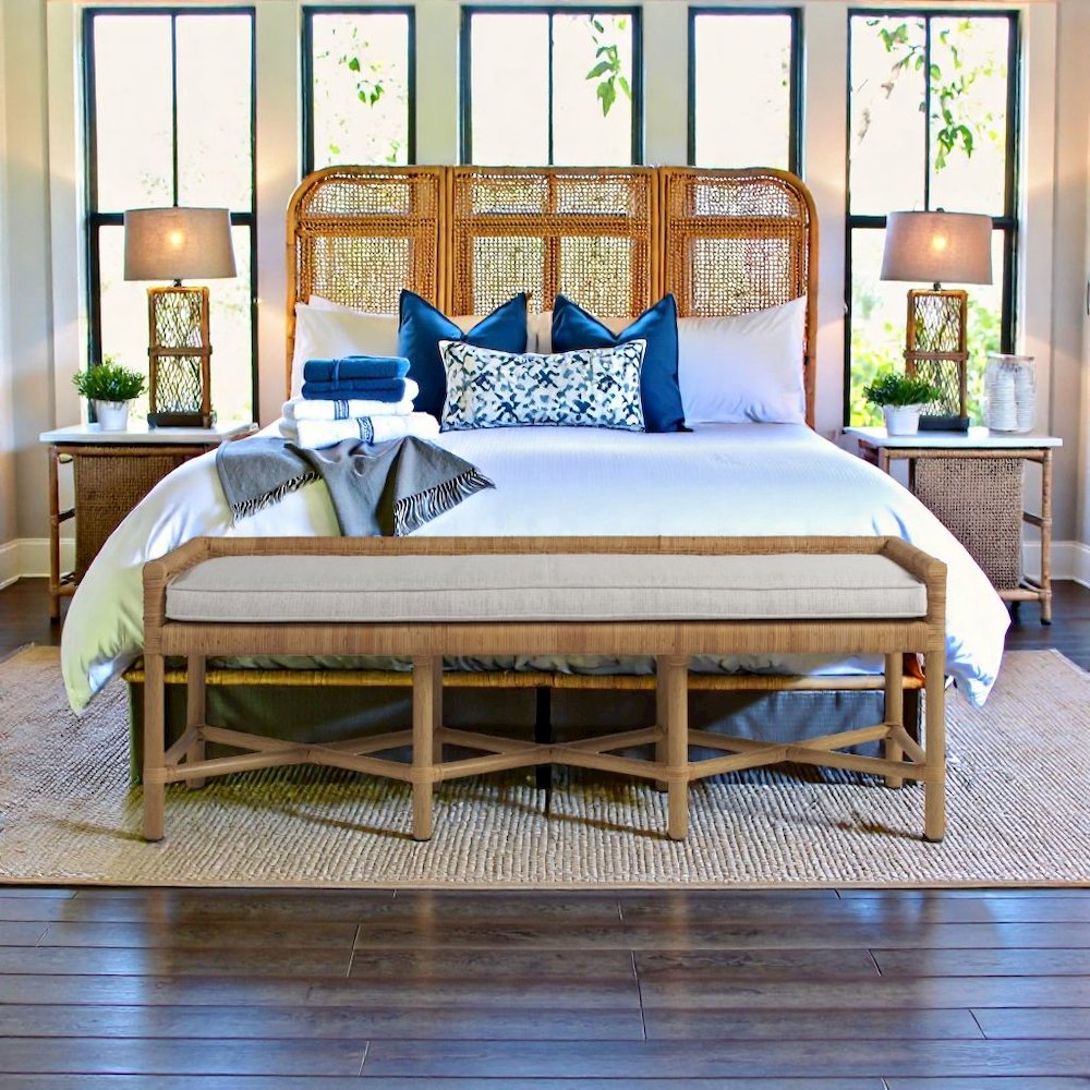 Wooden Rattan Bench with Cushion for Bedroom, Entryway, or Dining Use