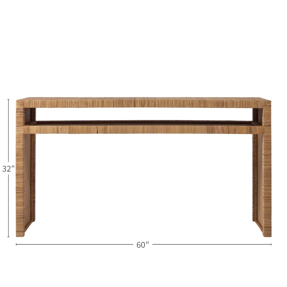 Woven Rattan Console Table in Brown Finish for Entryway Furniture Use