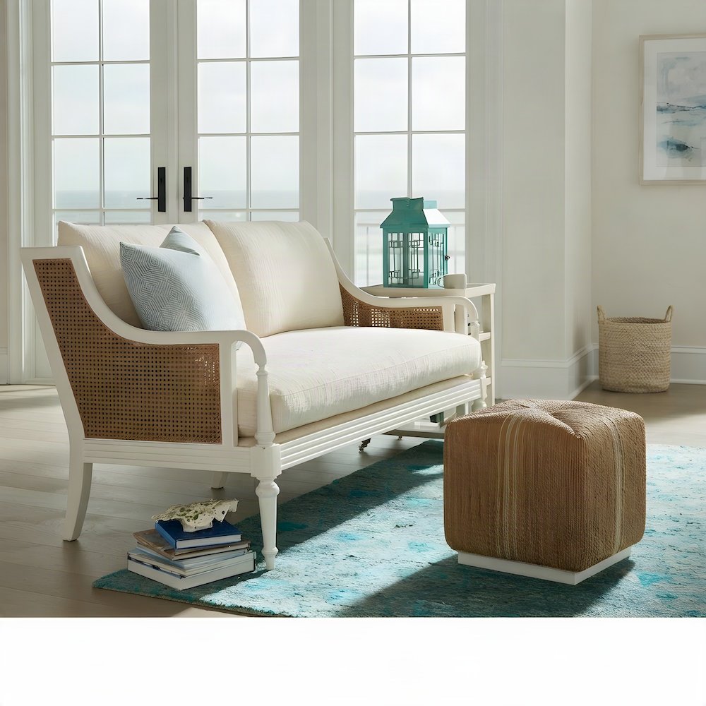 Hand-Woven Abaca Cube Ottoman, Bohemian Eclectic Coastal Accent Pouf, Natural