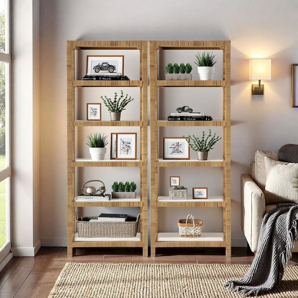 Brown Rattan Bookshelf with Storage and Glass Shelves, 5 Shelf Bookcase