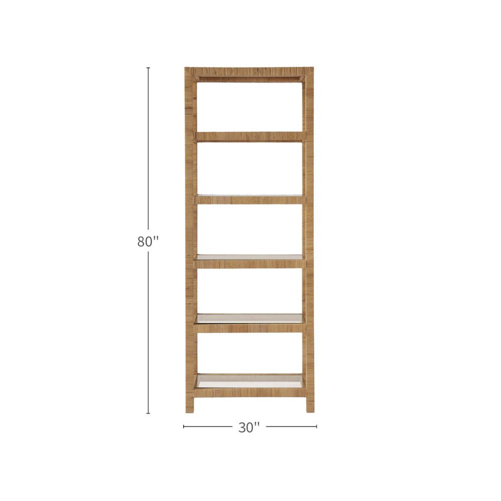 Brown Rattan Bookshelf with Storage and Glass Shelves, 5 Shelf Bookcase