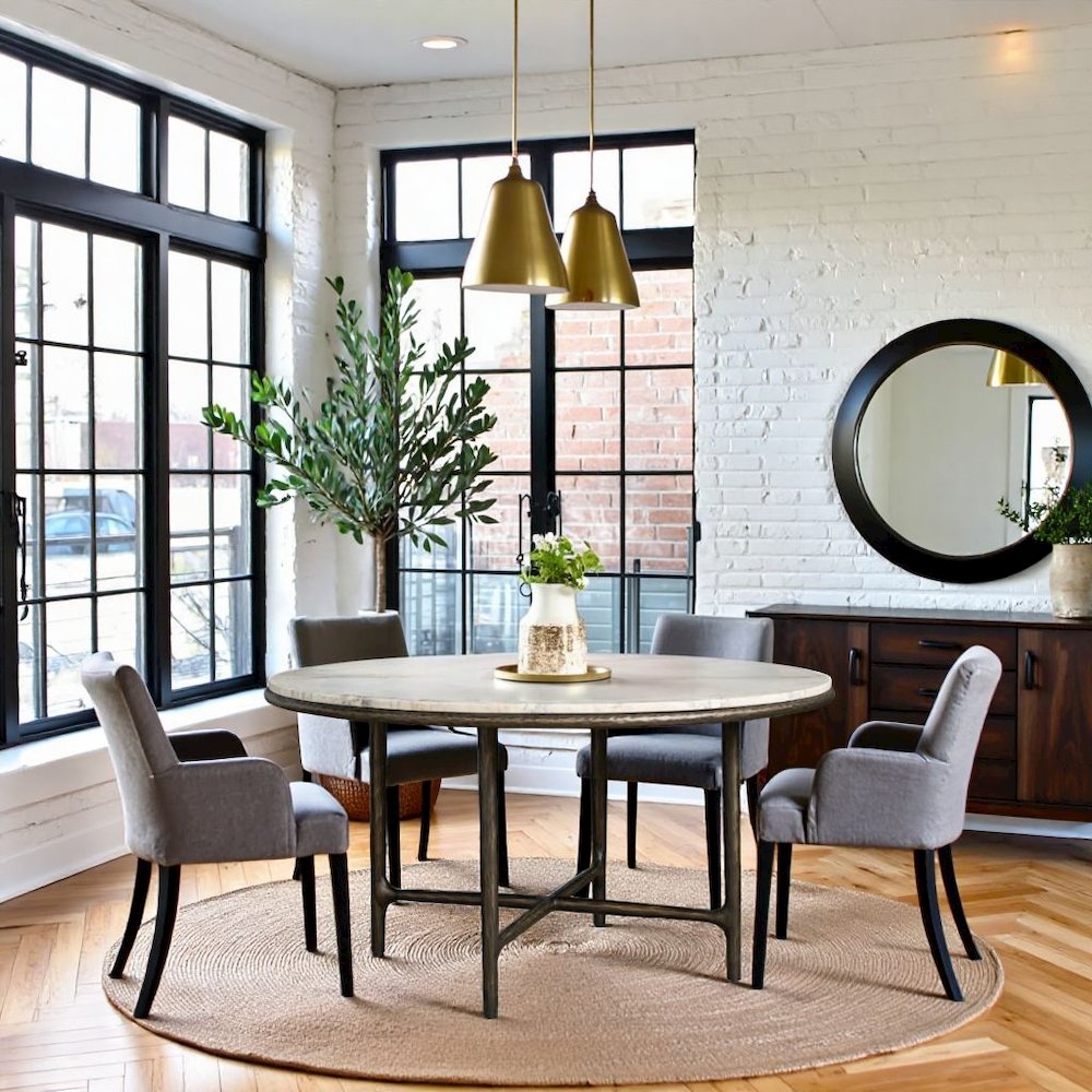 White Round Dining Table with Travertine Top and Metal X-Base Frame