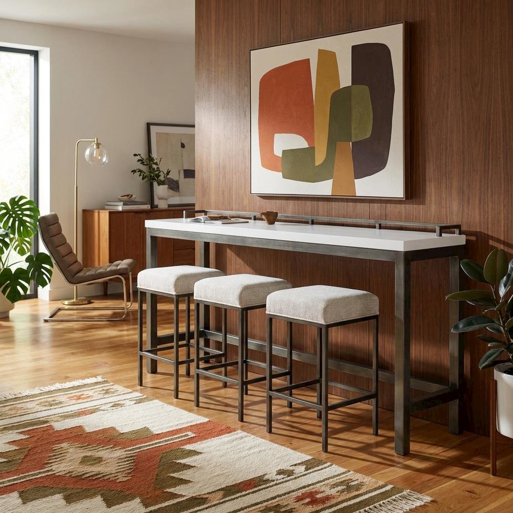 White Console Table with Stools for Bar Seating and Living Room Use