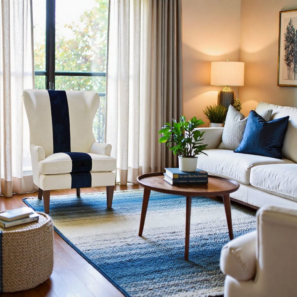 Off-White Wingback Armchair with Navy Stripe Accent for Living Room