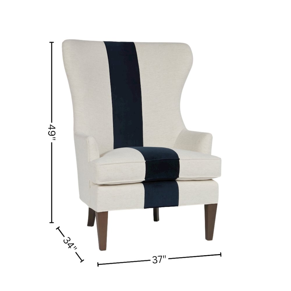 Off-White Wingback Armchair with Navy Stripe Accent for Living Room