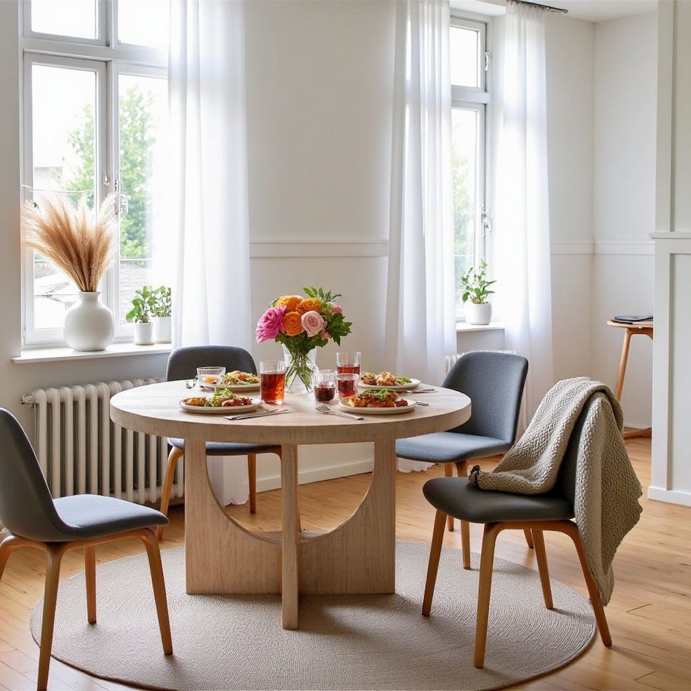Round Oak Dining Table for 4 with Hand Finished Pedestal Base Design