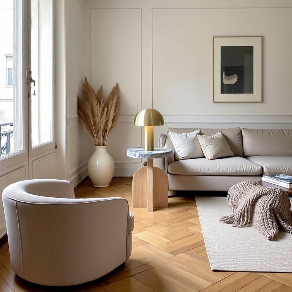 White Marble Accent Table with Oak-Finished Pedestal Base For Living Room
