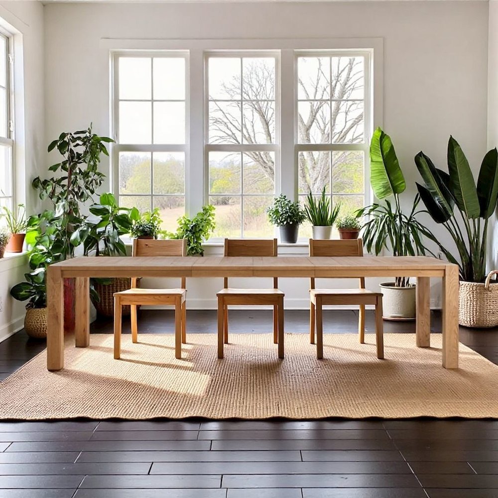 Beige Wood Dining Table with Two Leaves and Extendable to 120 Inches