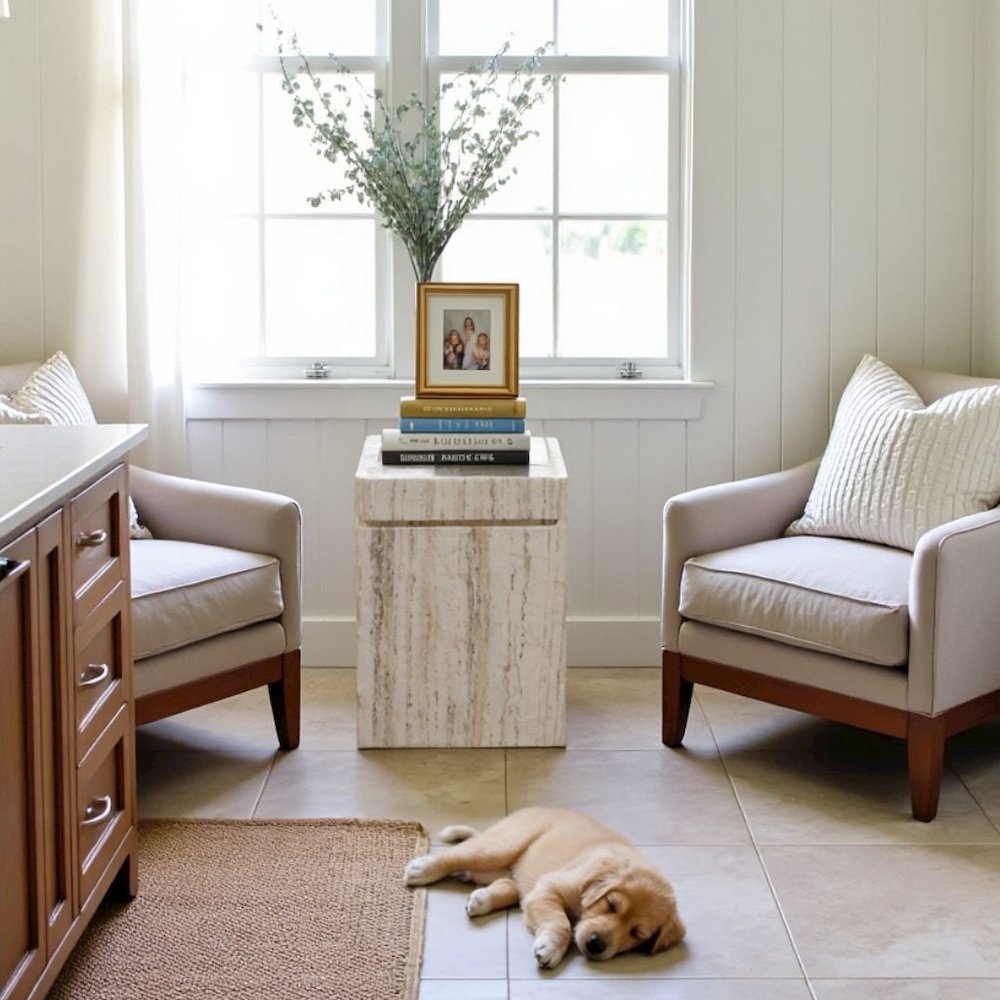 Natural Travertine Stone Accent Table with Honed Finish and Felt Pads