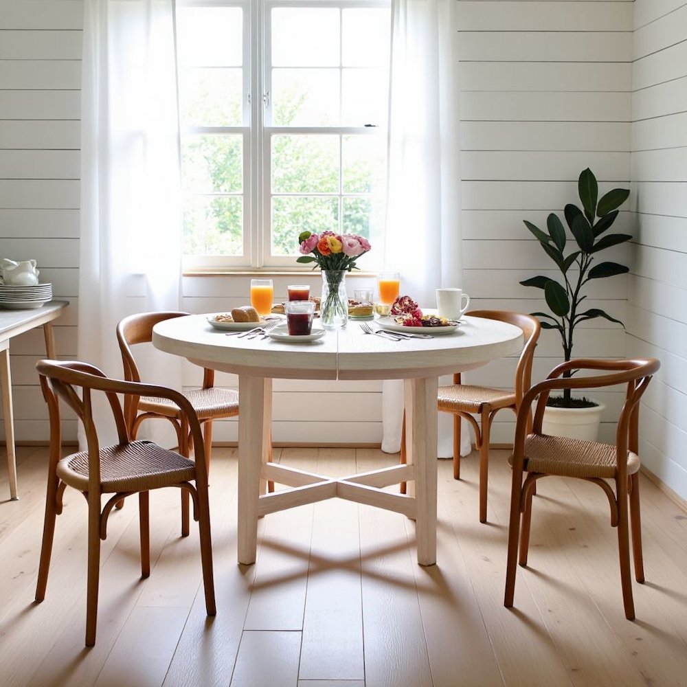 White Oak Round Extendable Dining Table with 18" Leaf and Premium Solid Oak