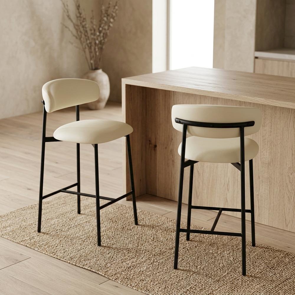 Vegan Leather Counter Stools with Back, Kitchen Island, Cream, Set of 2