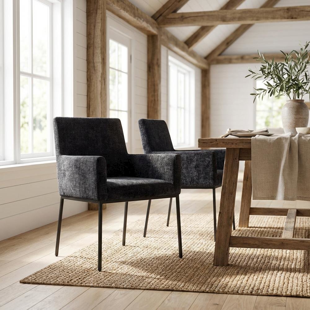Matte Black Chenille Fabric Dining Chairs Set of 2 with Arms and Cushioned Seats