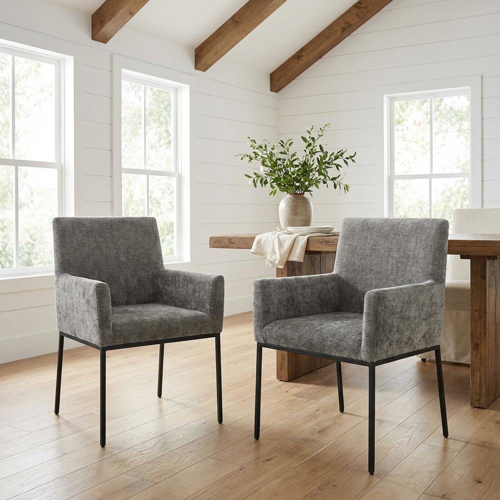 Matte Black Chenille Fabric Dining Chairs Set of 2 - Armrests, Cushioned Seats