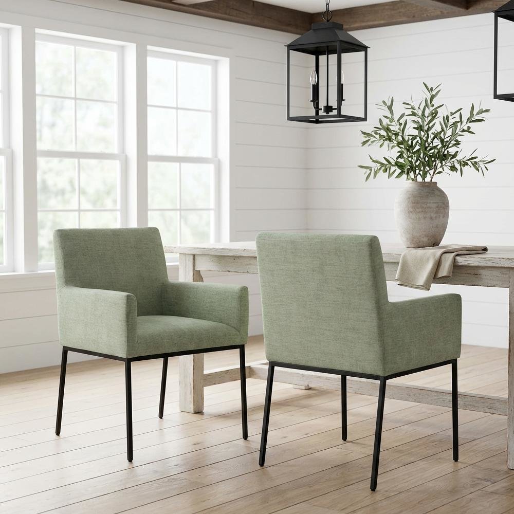 Matte Black Chenille Fabric Dining Chair Set of 2 with Contemporary Arms