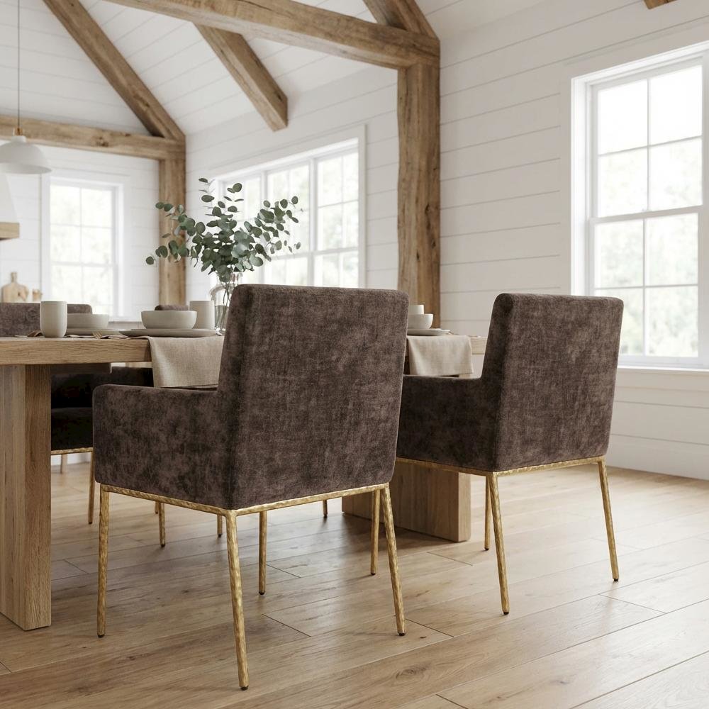 Brushed Brass Dining Chairs Set of 2 - Chenille Fabric and Contemporary Design