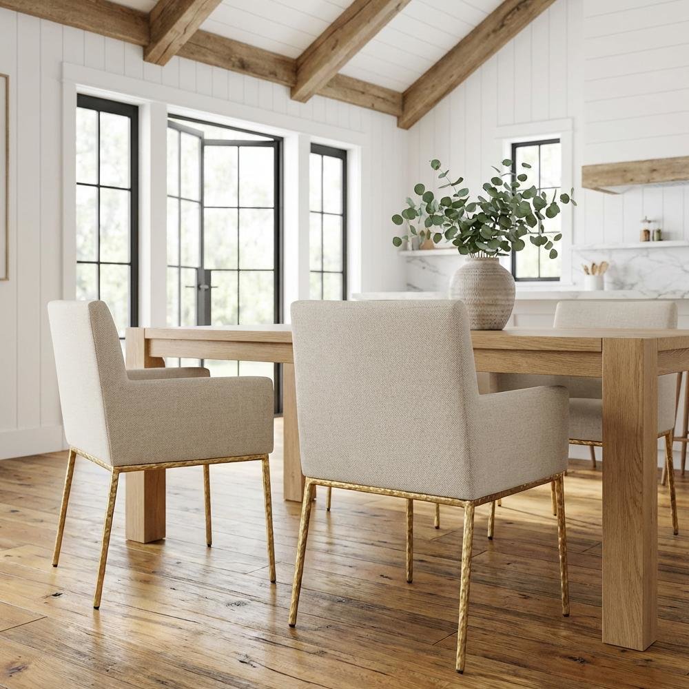 Cream Chenille Dining Chairs Set of 2 with Brushed Brass Frame and Armrests