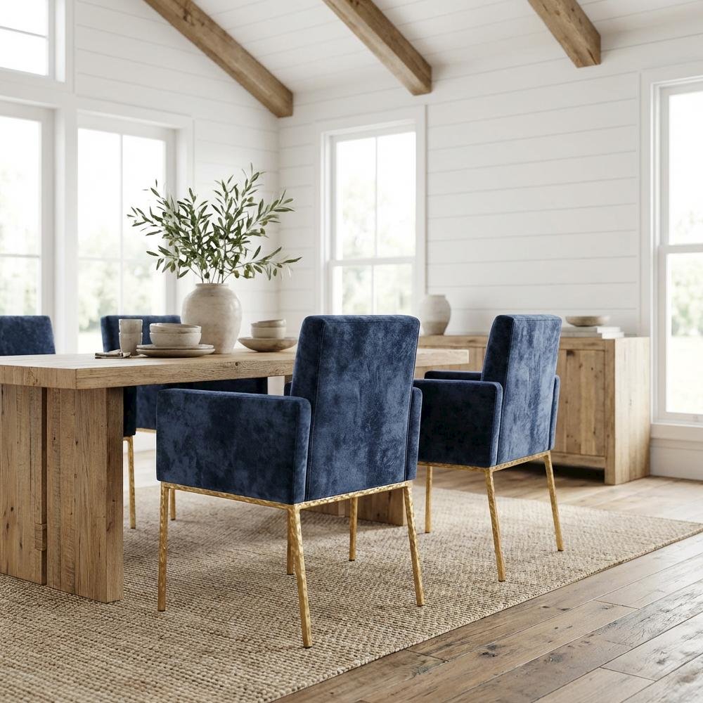 Navy Chenille Dining Chair Set of 2 - Brushed Brass Legs, Contemporary Design