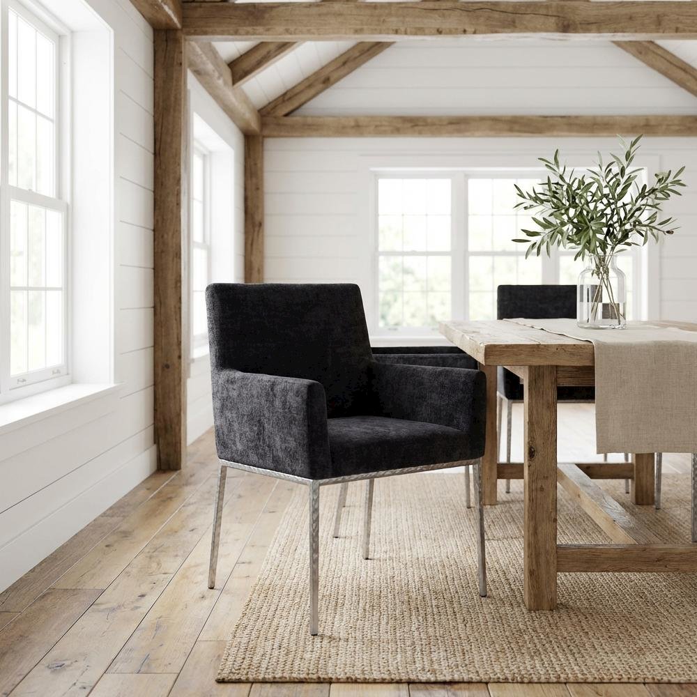 Brushed Silver Dining Chair Set of 2 - Chenille Upholstery, Contemporary Design
