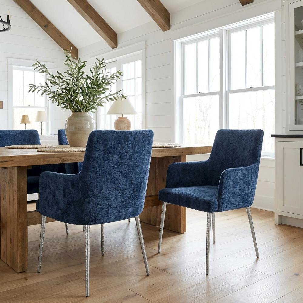 Navy Chenille Dining Chair Set of 2 with Brushed Silver Frame and Cushioned Seat