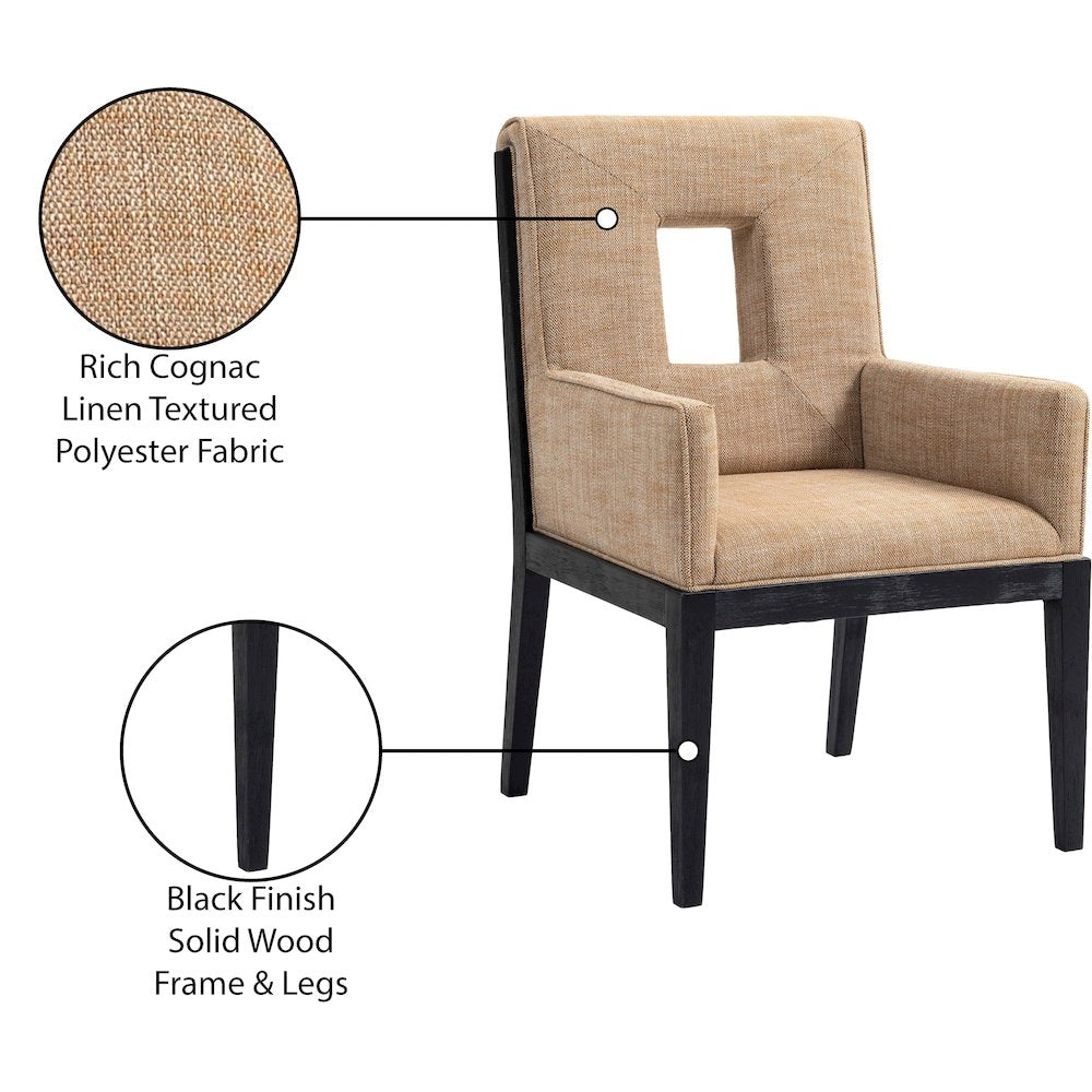 Gwendolyn Cognac Linen Textured Fabric Dining Arm Chair