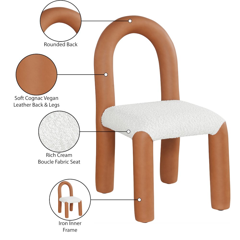 Amari Cognac Vegan Leather and Boucle Fabric Dining Chair, Set of 2