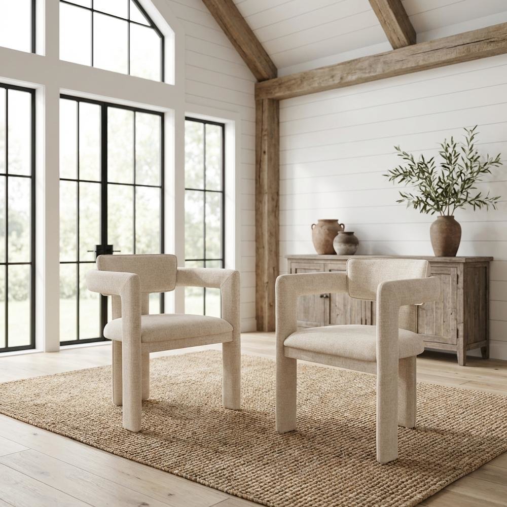 Beige Chenille Fabric Dining Chairs Set of 2 with Armrests and Cushioned Seats