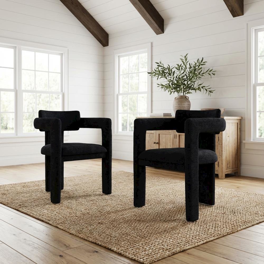Black Chenille Dining Chairs Set of 2 with Contemporary Design and Armrests