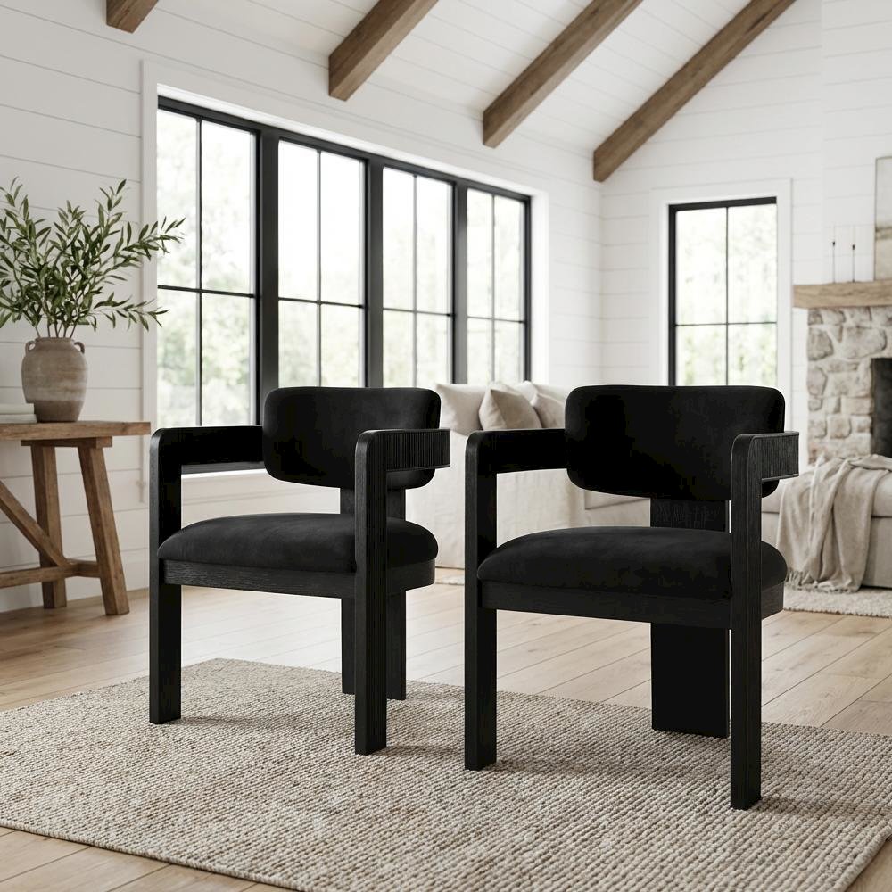 Black Velvet Dining Chairs Set of 2 with Art Deco Design and Armrests