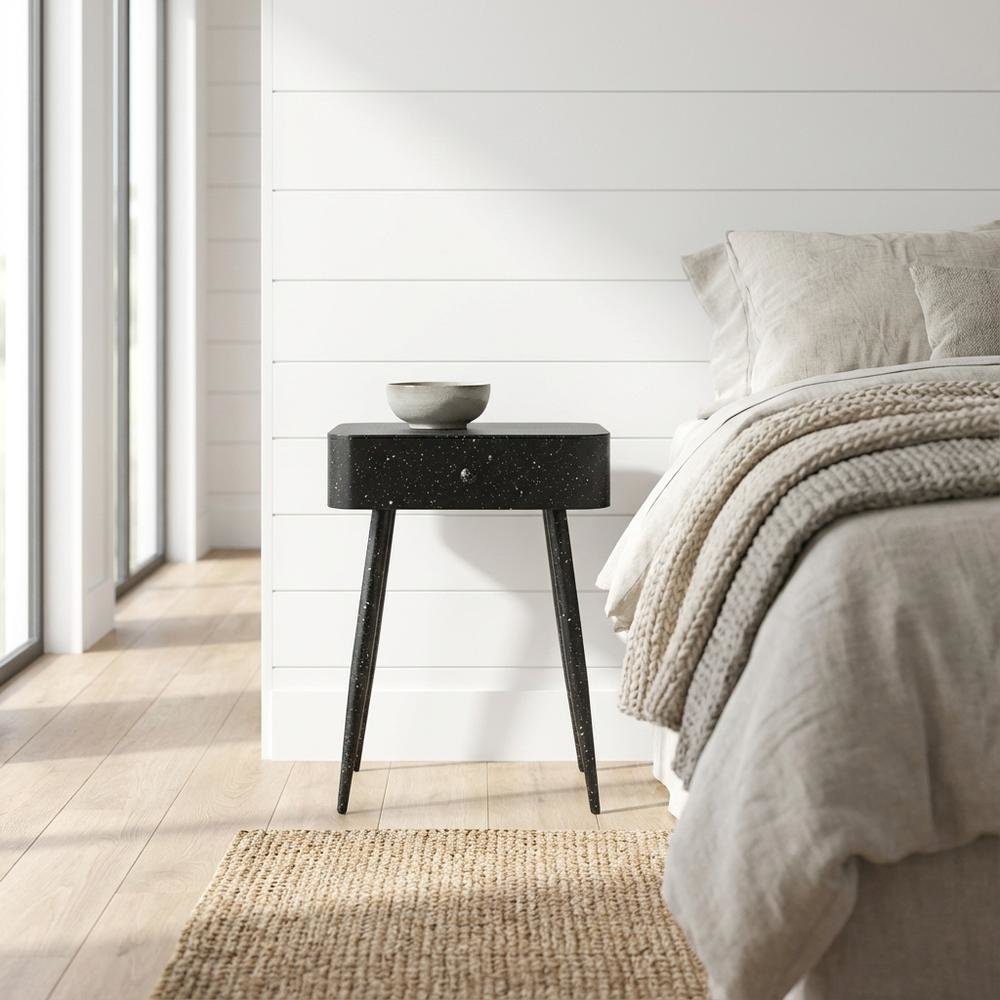 Black Iron Nightstand with Contemporary Style and Terrazzo Black Finish