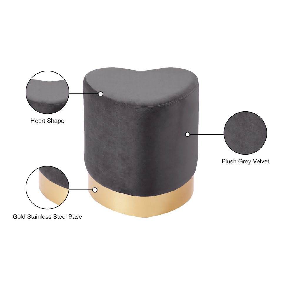 Heart Grey Velvet Ottoman/Stool