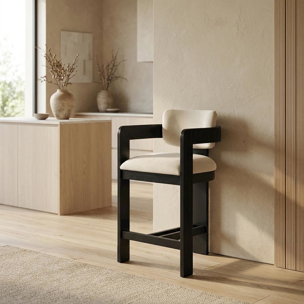Velvet Art Deco Counter Stool, Low Back, Rubberwood Legs, Cream Velvet