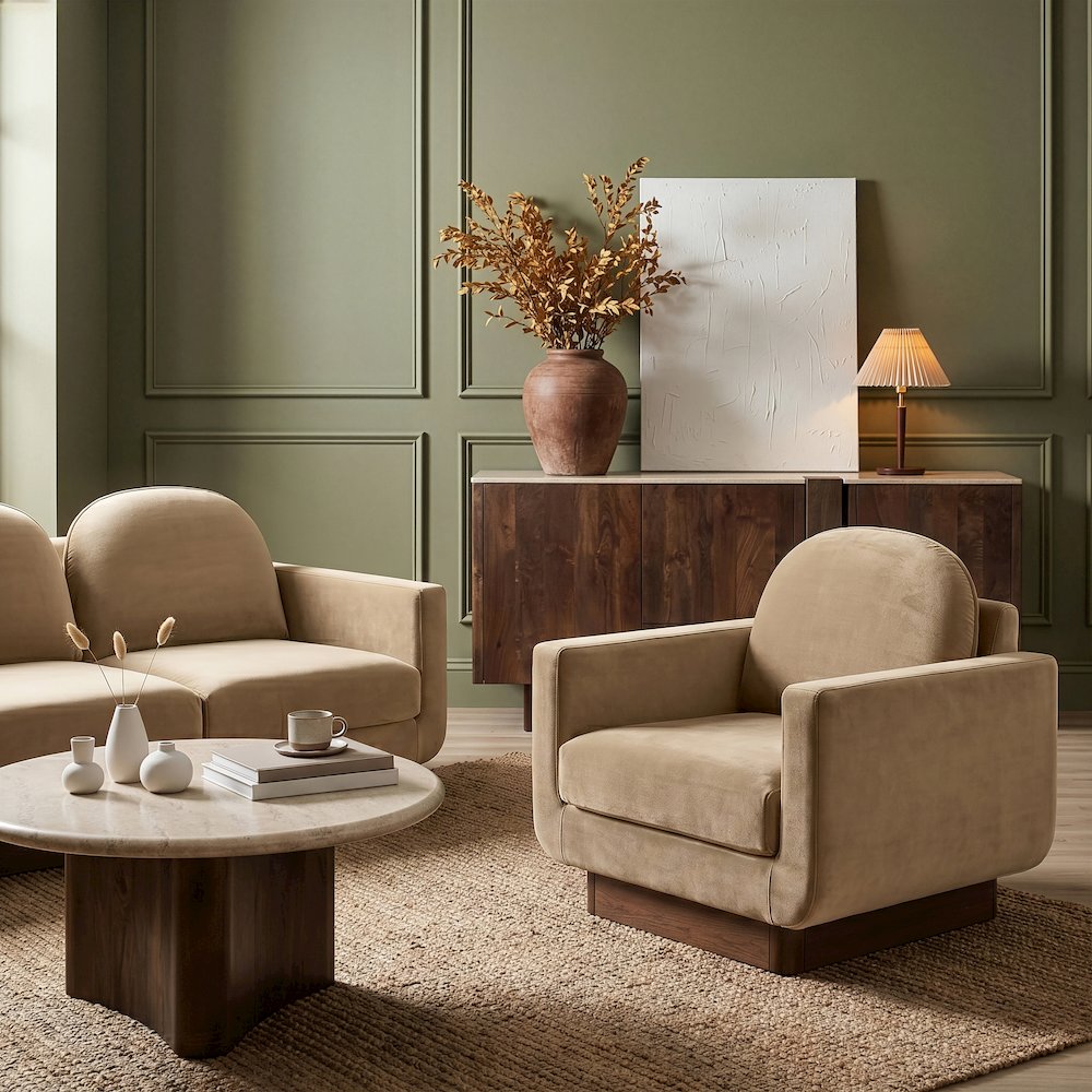 Diviento Beige Velvet Performance Fabric Upholstered Accent Chair
