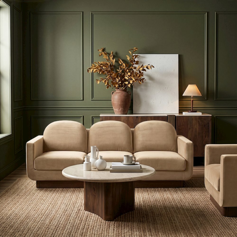 Diviento 89" Beige Velvet Performance Fabric Upholstered Sofa