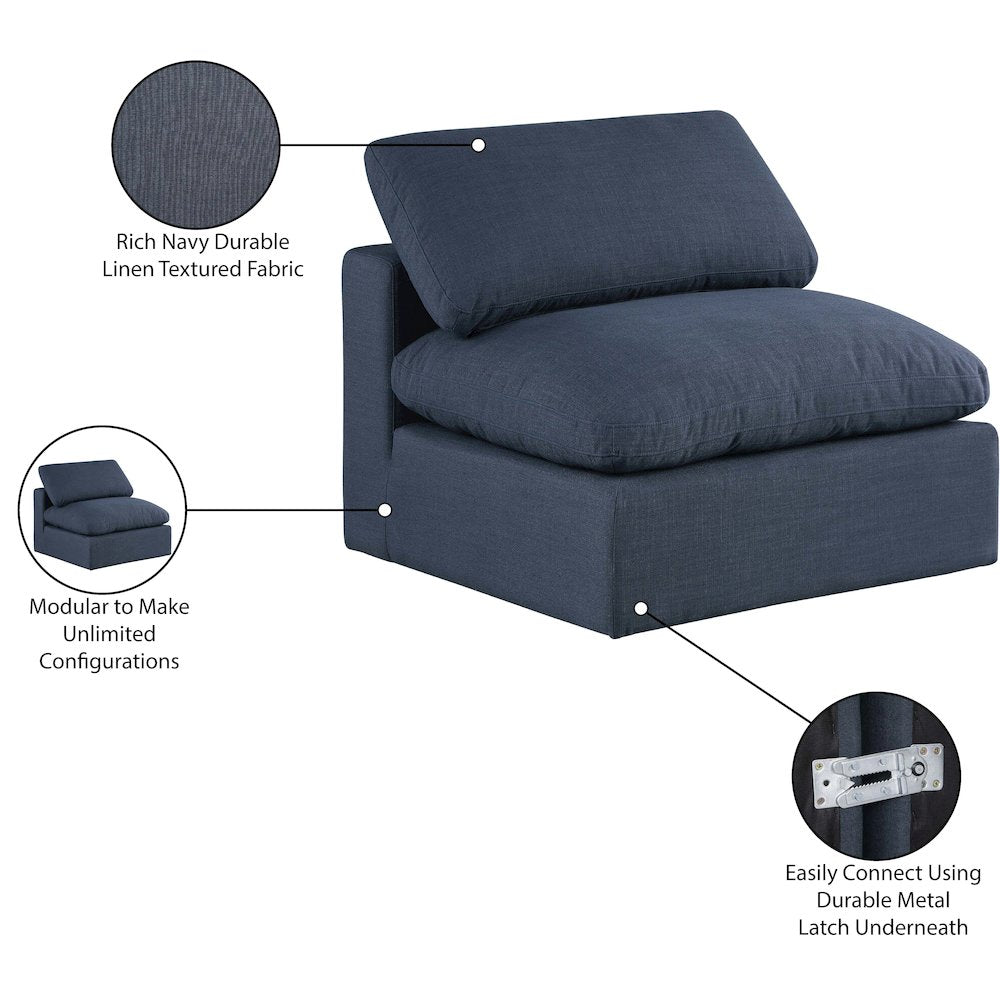 Comfy Navy Linen Textured Fabric Modular Armless Chair