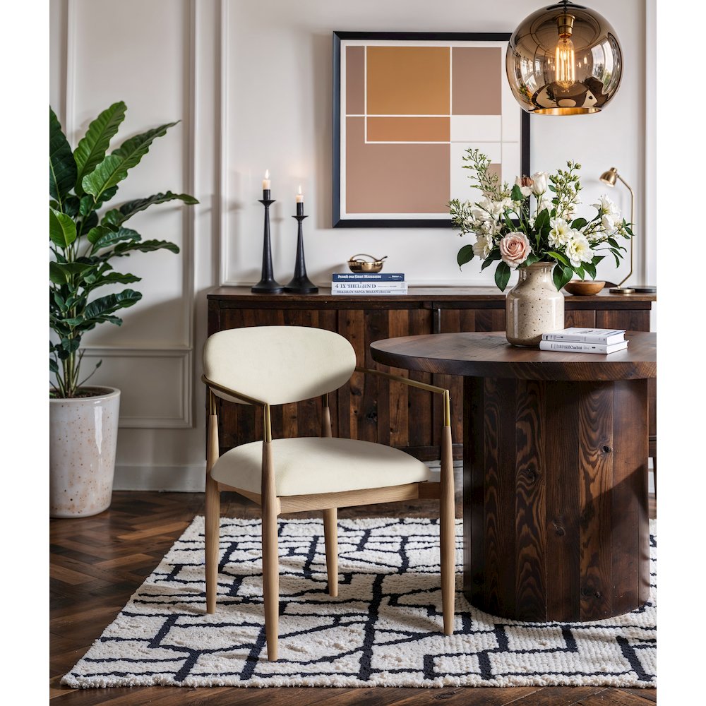 Riccio Cream Performance Fabric Upholstered Dining Arm Chair, Set of 2