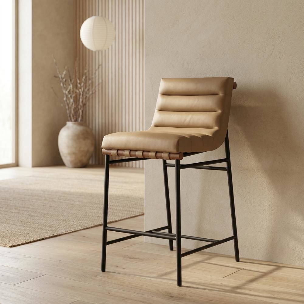 Vegan Leather & Boucle Counter Stool for Bar, Tan Vegan Leather
