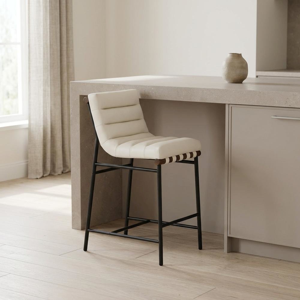 Vegan Leather & Boucle Counter Stool for Bar, Cream Vegan Leather