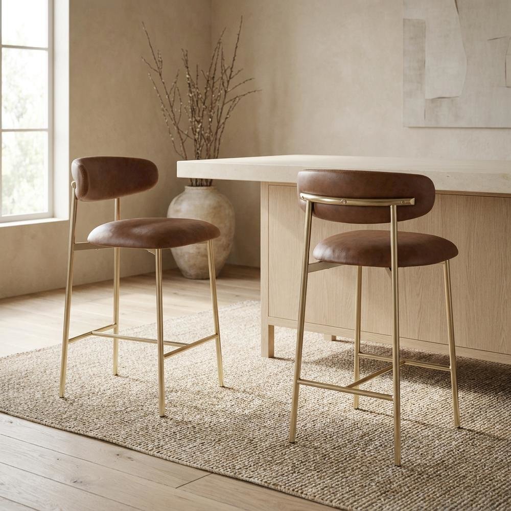 Vegan Leather Counter Stools with Back, Kitchen Island, Brown, Set of 2